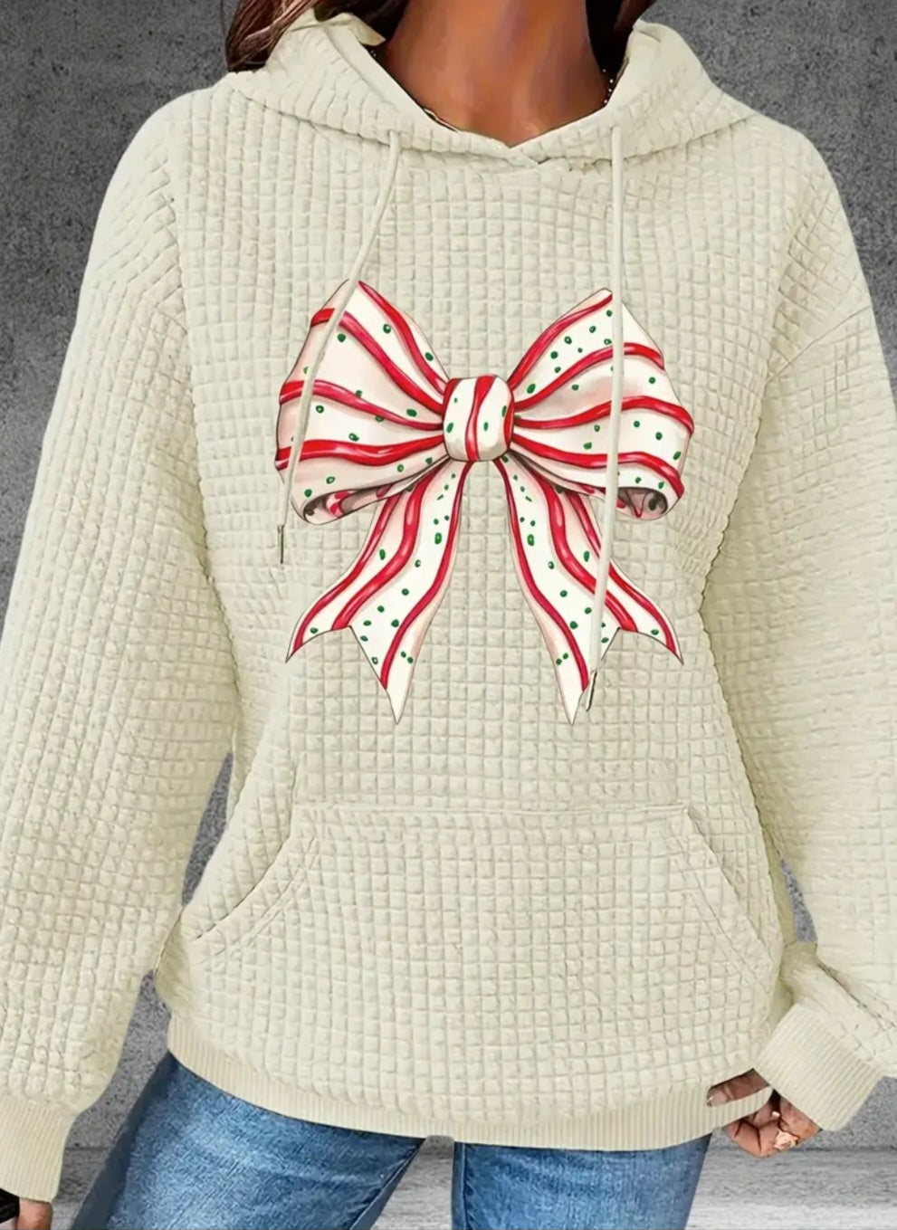 PREORDER Christmas Tree Bow Knit Waffle Pullover Hooded Sweater