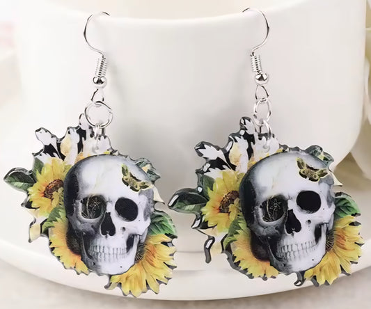 PREORDER Halloween Skeleton Sunflower Acrylic Dangle Earrings