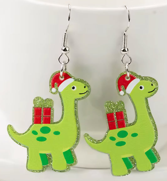 PREORDER Dinosaur Christmas Gift Acrylic Dangle Earrings
