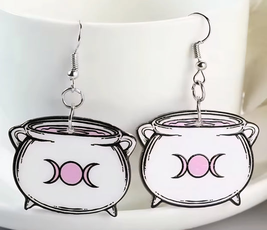 PREORDER Halloween White Witches Cauldron Dangle Earrings
