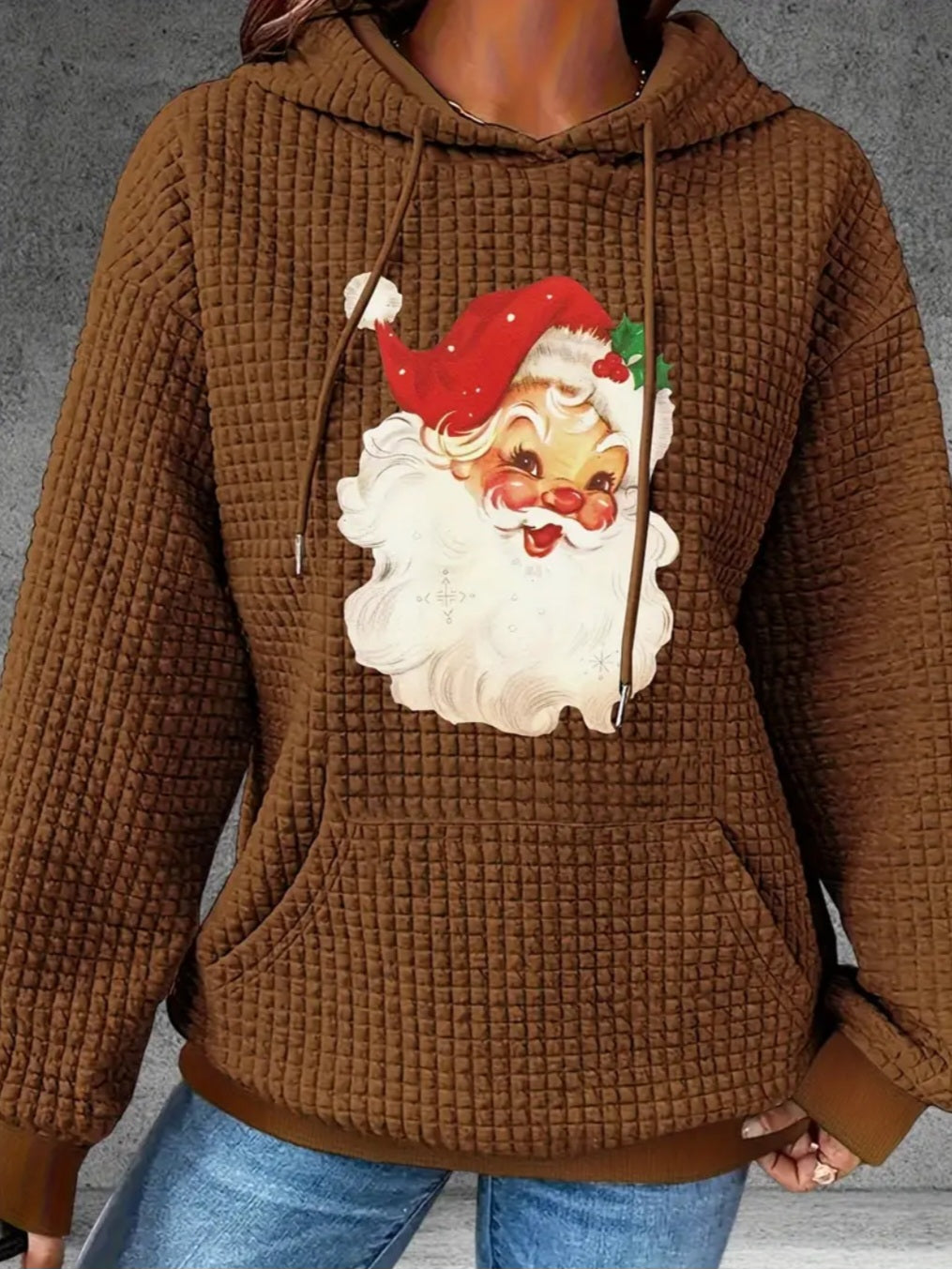 PREORDER Christmas Santa Knit Waffle Pullover Hooded Sweater