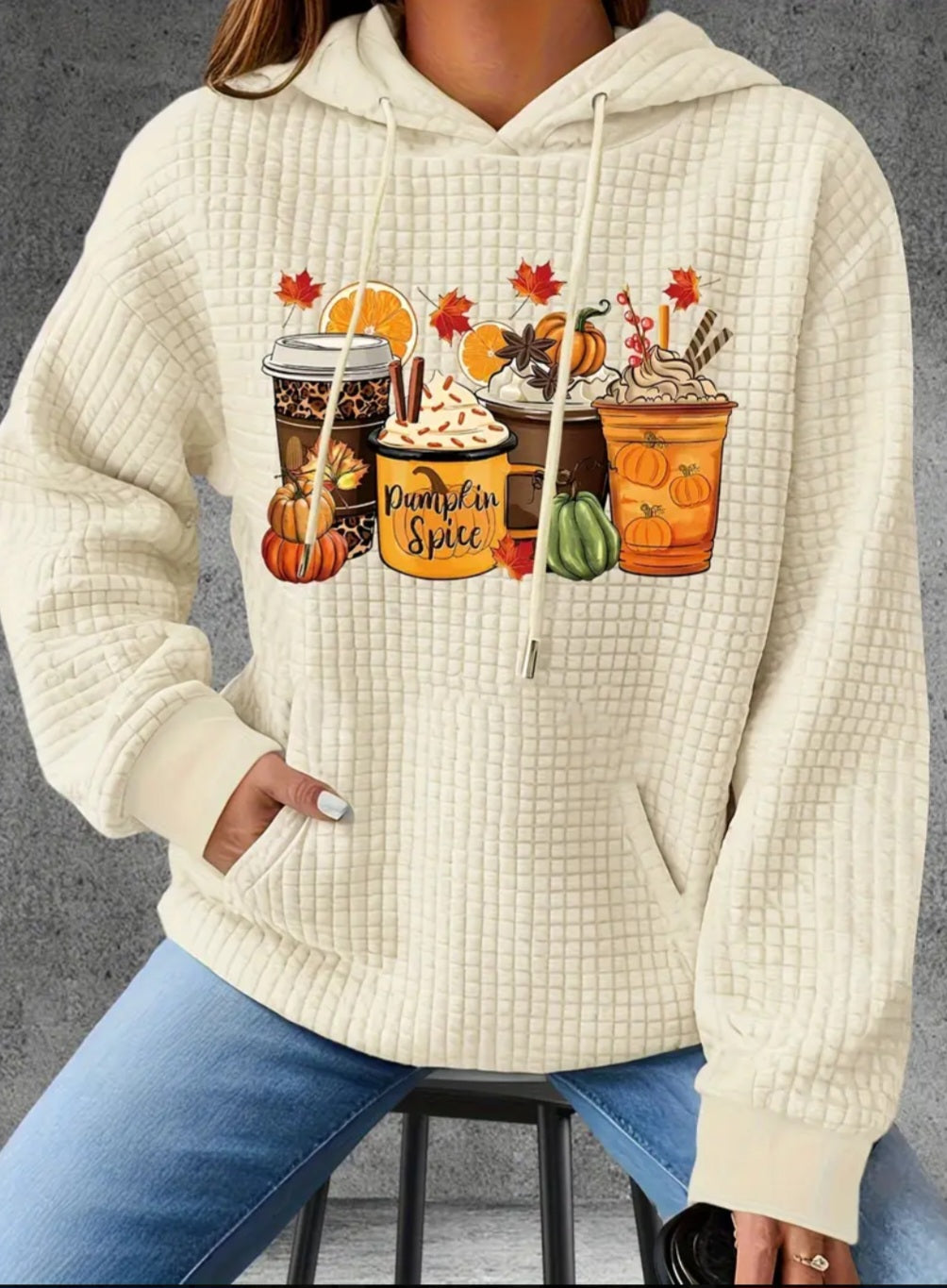 PREORDER Pumpkin Spice Frappes Knit Waffle Pullover Hooded Sweater