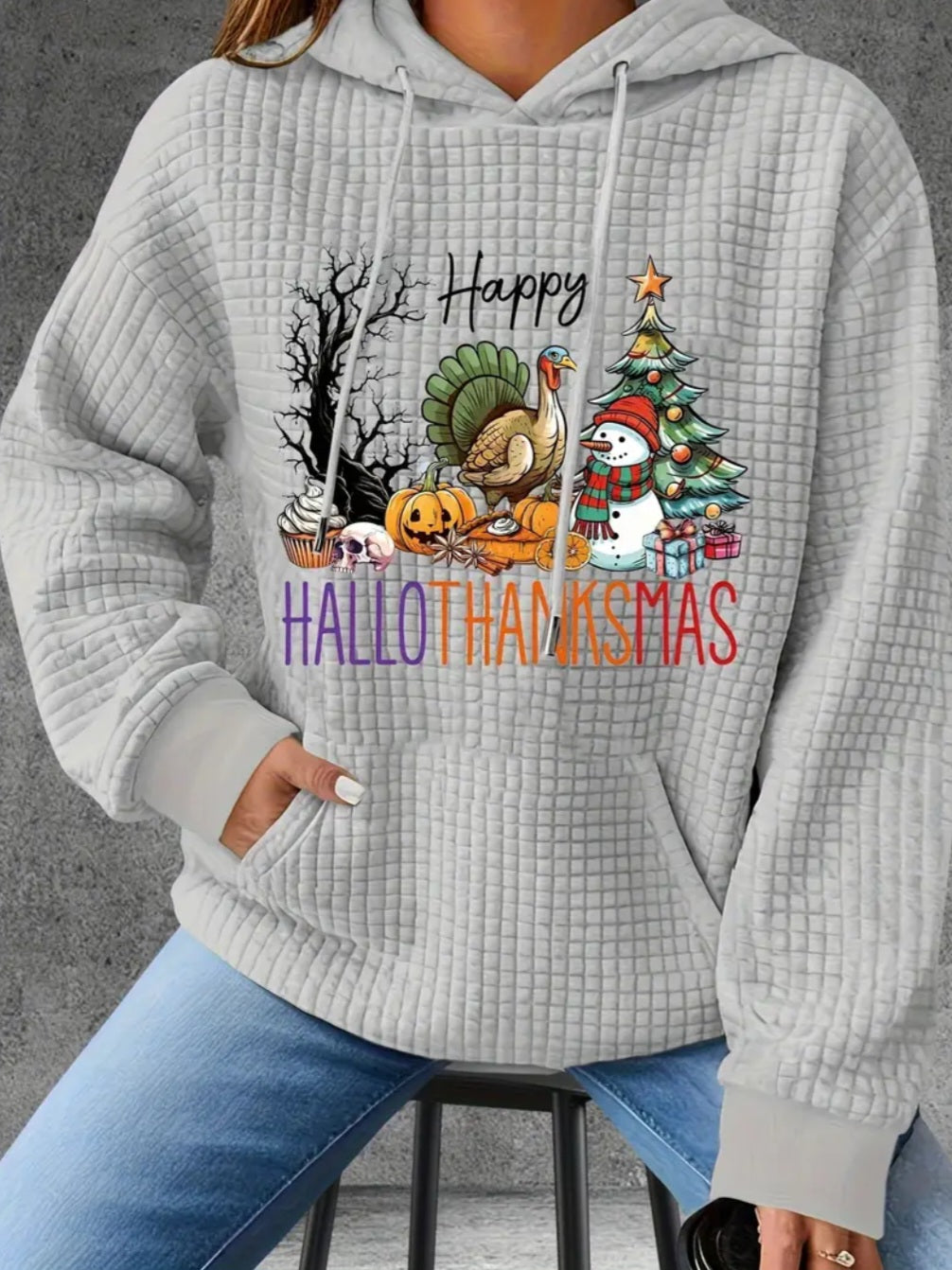PREORDER Happy Hallothanksmas Knit Waffle Pullover Hooded Sweater