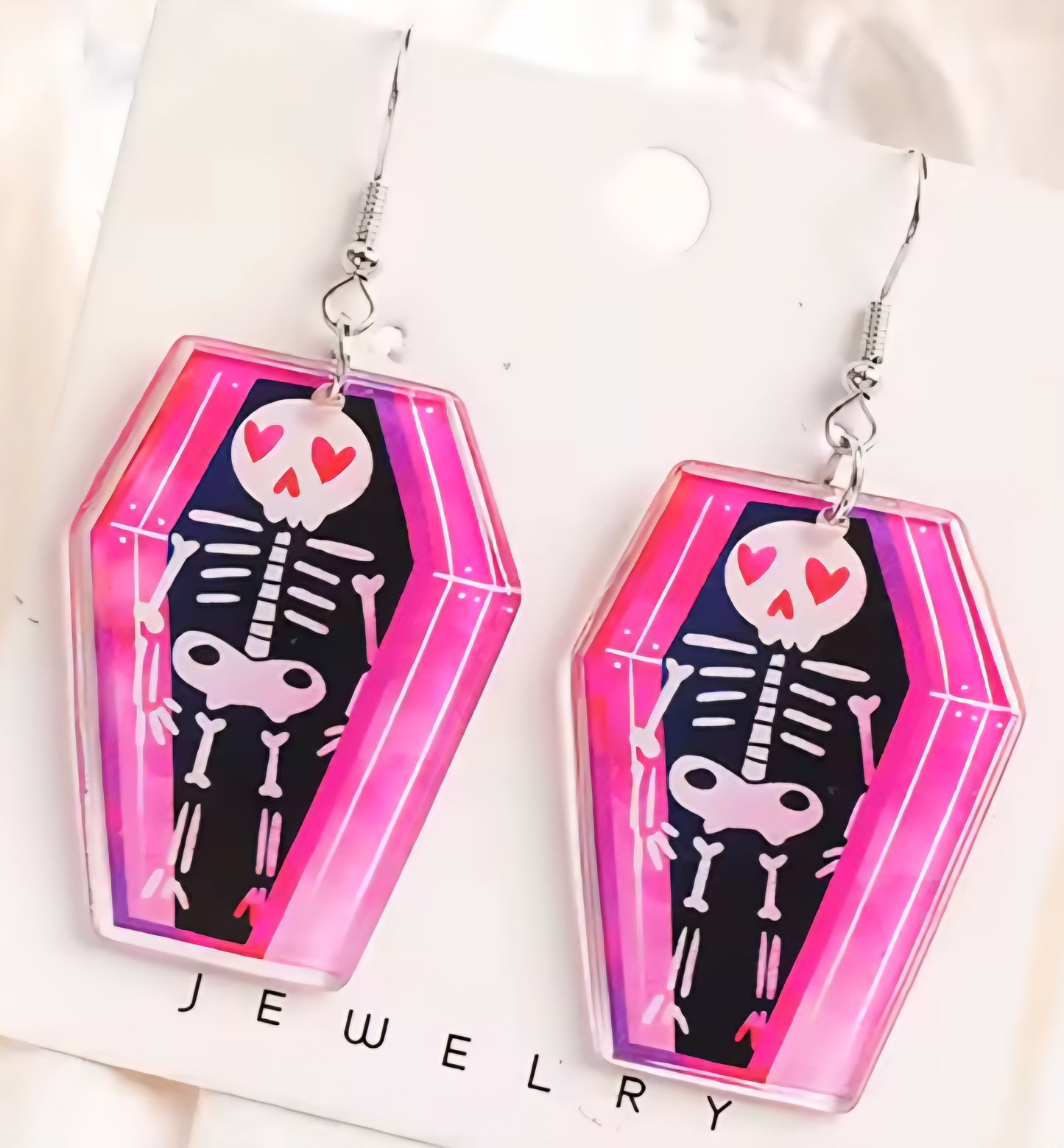 PREORDER Halloween Pink Skeleton Coffin Acrylic Dangle Earrings