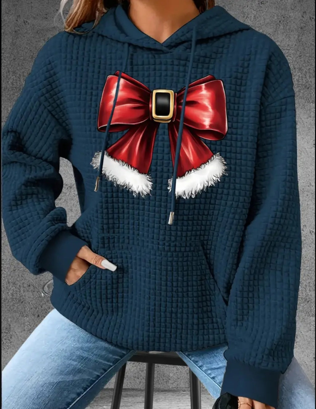 PREORDER Christmas Santa Bow Knit Waffle Pullover Hooded Sweater