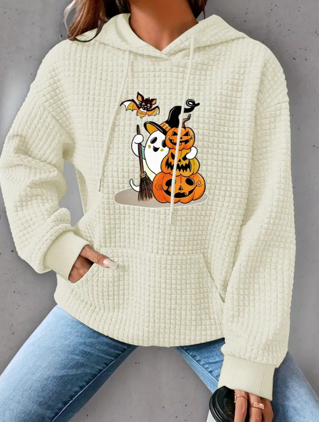 PREORDER Halloween Jack O Lantern Witch Ghost Knit Waffle Pullover Hooded Sweater