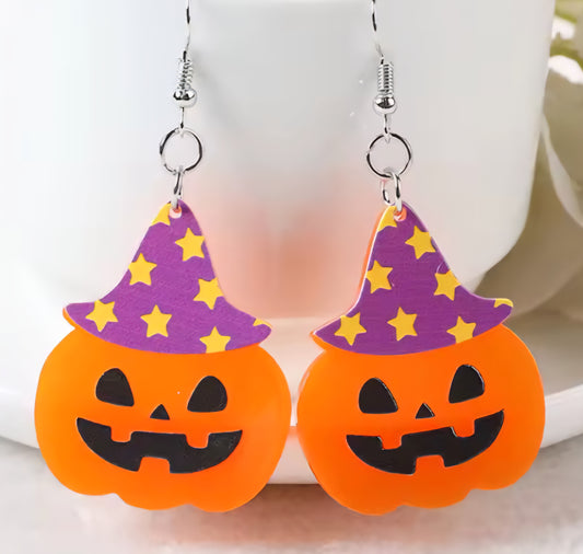 PREORDER Halloween Purple Hat Jack O Lantern Acrylic Dangle Earrings