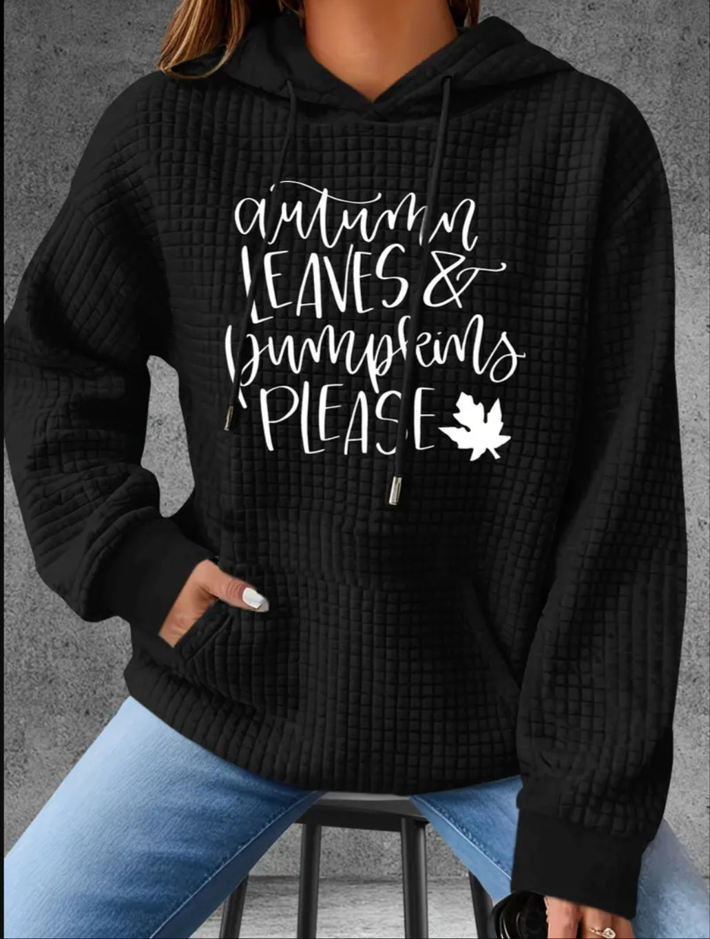 PREORDER Halloween Autumn Leaves & Pumpkins Please Knit Waffle Pullover Hooded Sweater