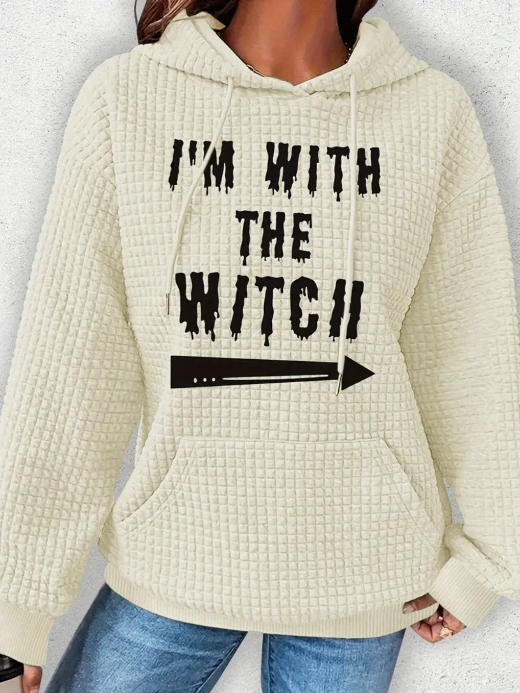 PREORDER Halloween I'm With The Witch Knit Waffle Pullover Hooded Sweater