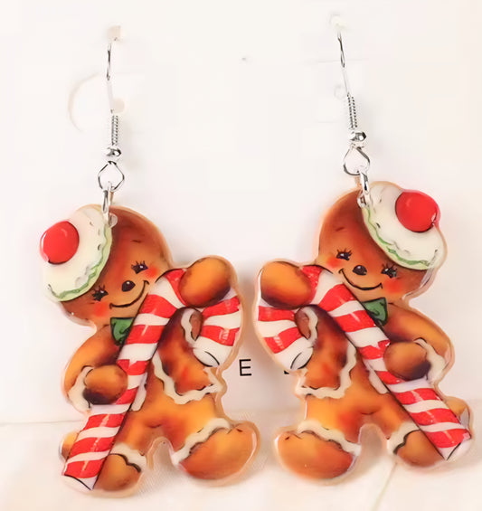 PREORDER Christmas Gingerbread Man Candy Cane Acrylic Dangle Earrings