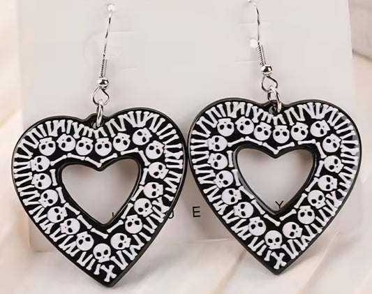 PREORDER Halloween Black Hole Skull Cut Out Heart Acrylic Dangle Earrings