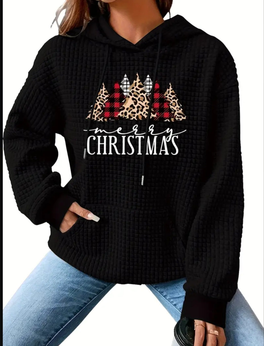 PREORDER Merry Christmas Knit Waffle Pullover Hooded Sweater