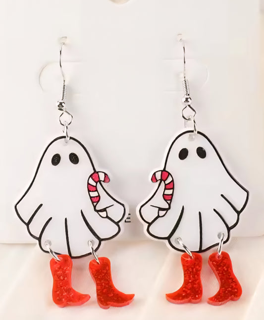 PREORDER Christmas Red Boots Candy Cane Ghost Acrylic Dangle Earrings