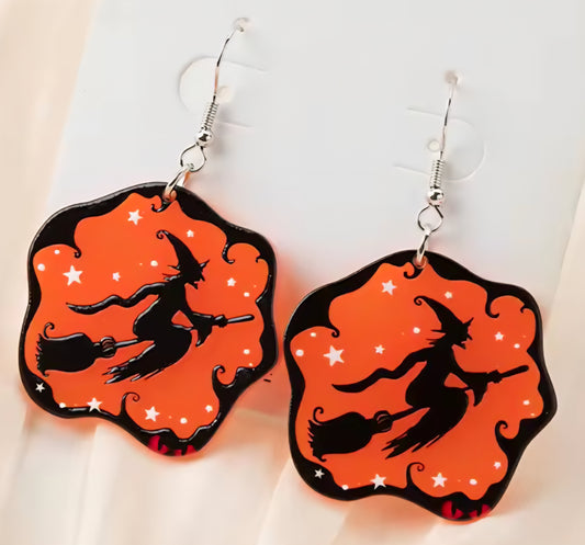 PREORDER Halloween Orange Witch Acrylic Dangle Earrings