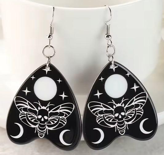 PREORDER Halloween Black Moth Ouija Board Heart Acrylic Dangle Earrings