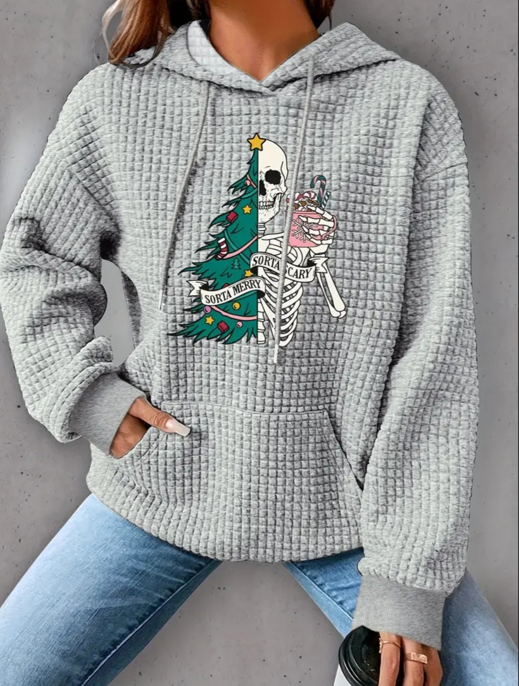 PREORDER Halloween Sorta Merry Sorta Scary Knit Waffle Pullover Hooded Sweater