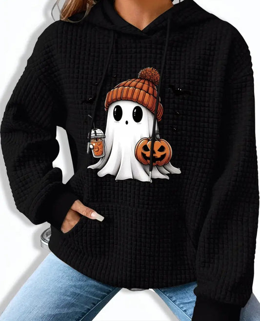 PREORDER Pumpkin Spice Ghost Knit Waffle Pullover Hooded Sweater