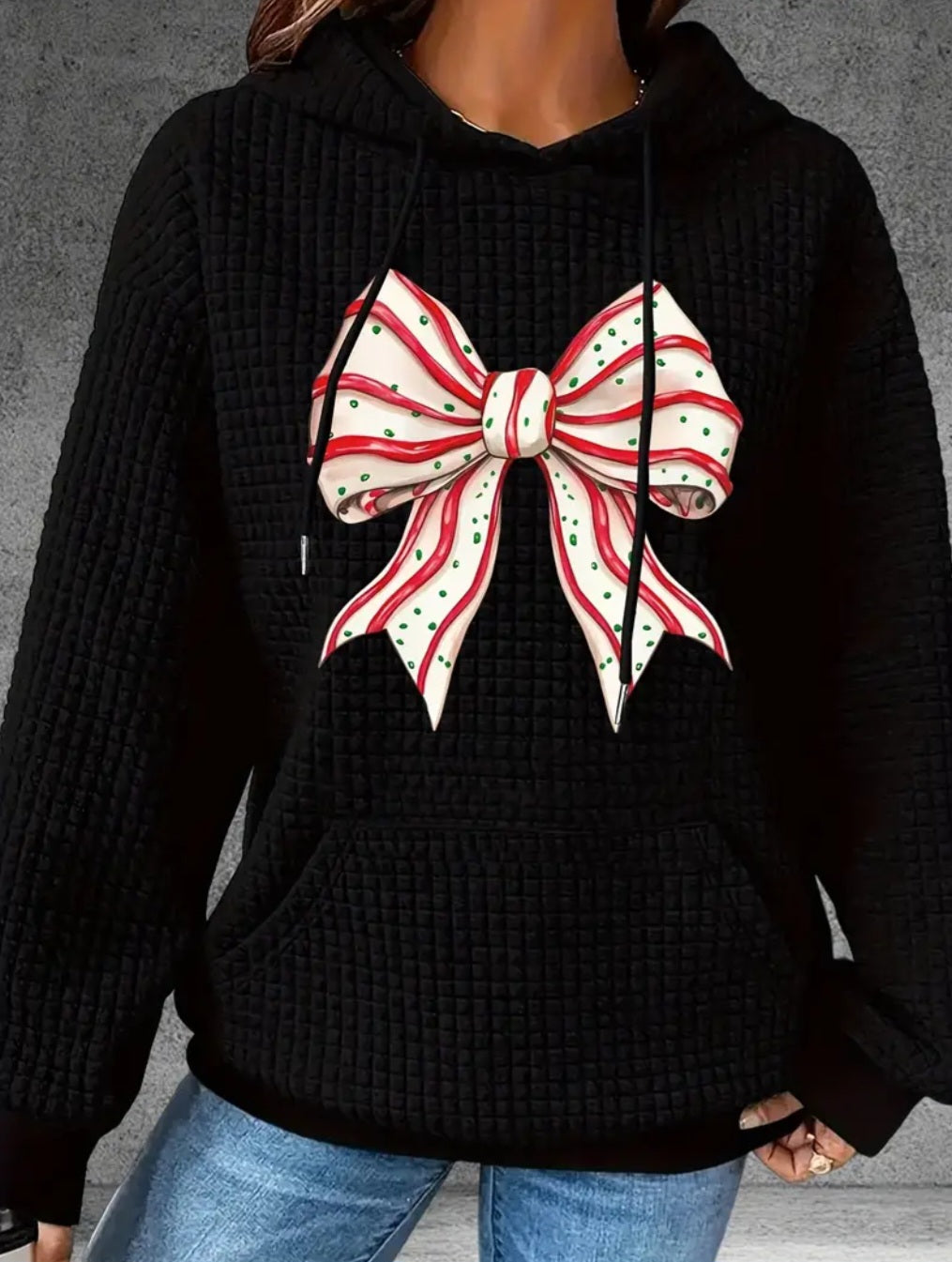 PREORDER Christmas Tree Bow Knit Waffle Pullover Hooded Sweater