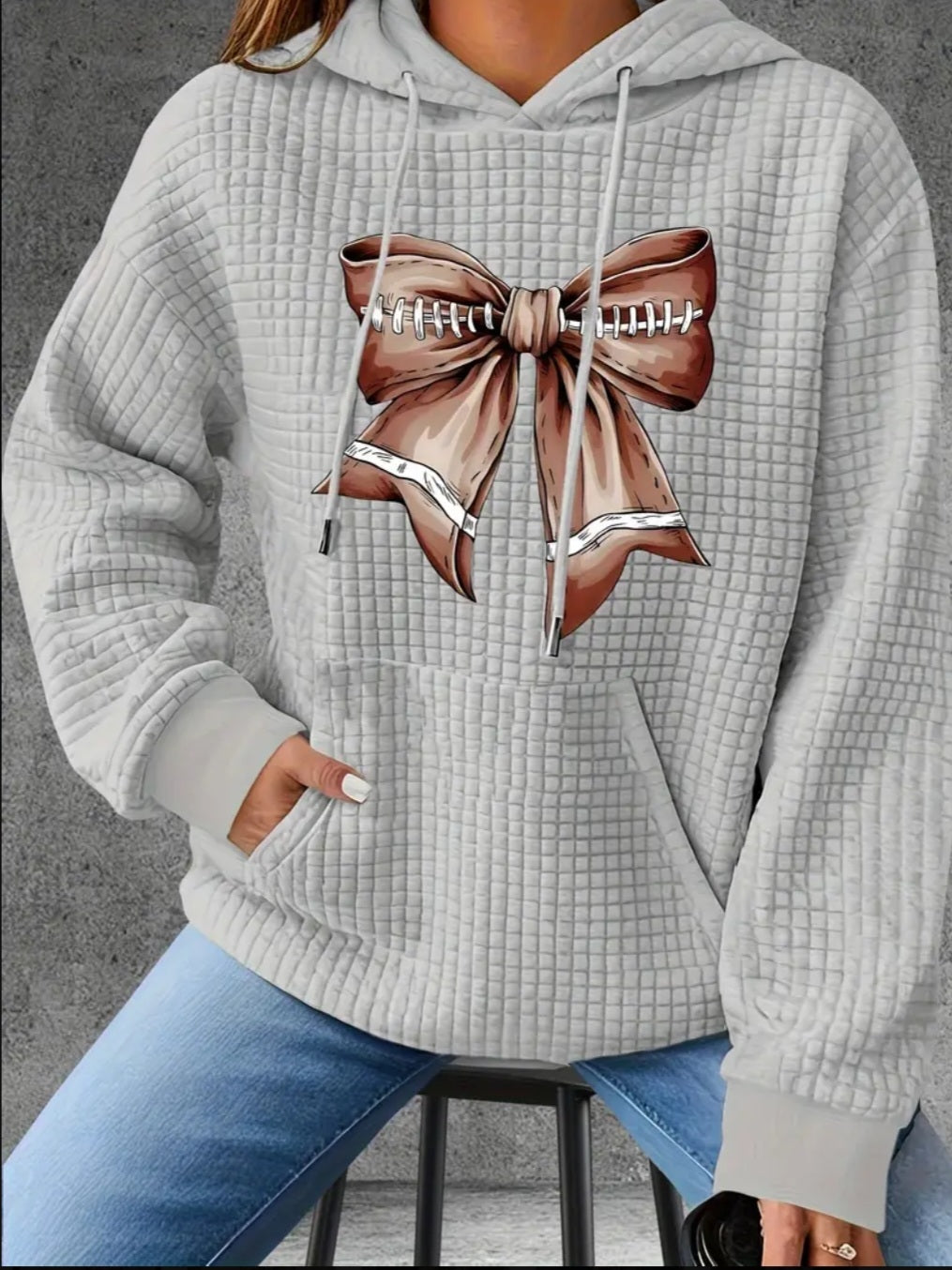 PREORDER Football Bow Knit Waffle Pullover Hooded Sweater