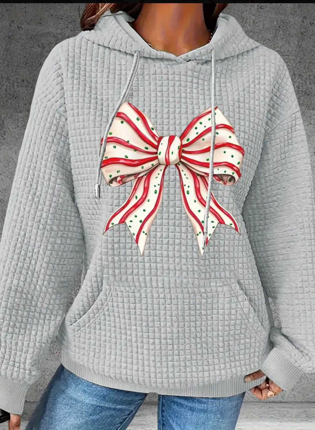 PREORDER Christmas Tree Bow Knit Waffle Pullover Hooded Sweater