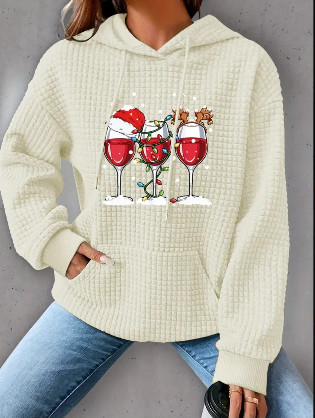 PREORDER Christmas Wine Knit Waffle Pullover Hooded Sweater
