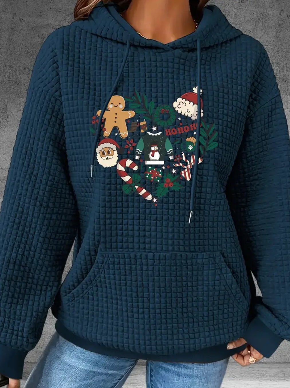 PREORDER Christmas Heart Knit Waffle Pullover Hooded Sweater
