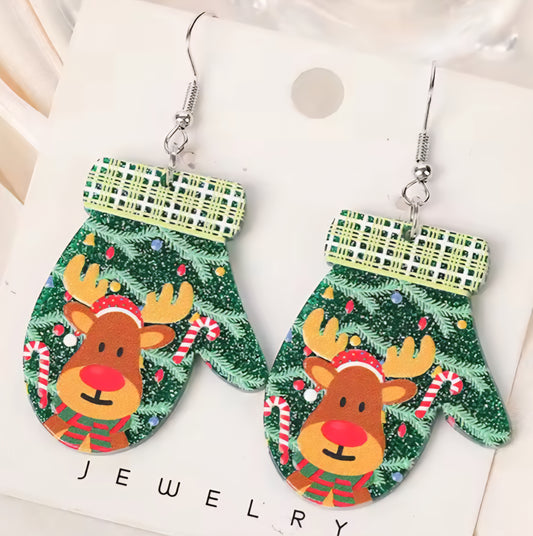PREORDER Christmas Reindeer Mitten Acrylic Dangle Earrings