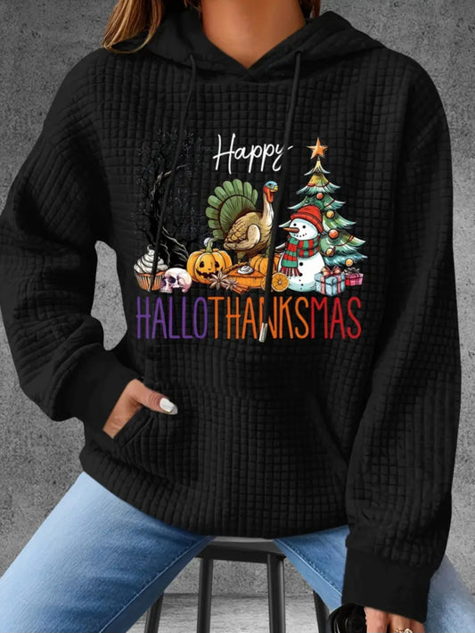 PREORDER Happy Hallothanksmas Knit Waffle Pullover Hooded Sweater