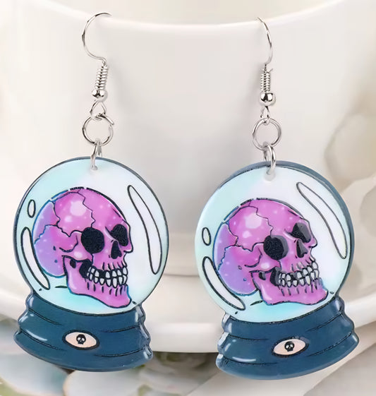 PREORDER Halloween Purple Skull Snowglobe Acrylic Dangle Earrings