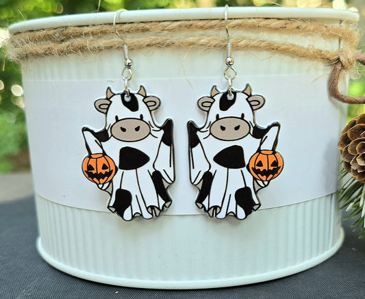 HALLOWEEN Cow Ghost Trick Or Treat Acrylic Dangle Earrings