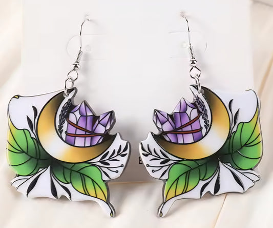 PREORDER Halloween Gypsy Cresent Moon Crystal Acrylic Dangle Earrings