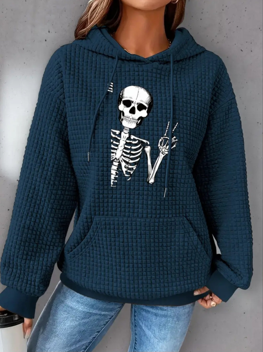PREORDER Halloween Peace Skeleton Knit Waffle Pullover Hooded Sweater