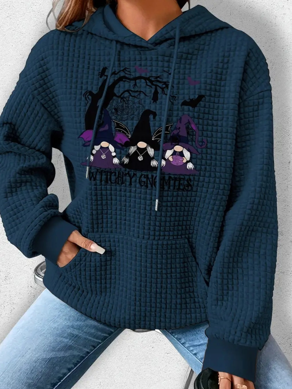 PREORDER Halloween 100% Witchy Gnome Knit Waffle Pullover Hooded Sweater