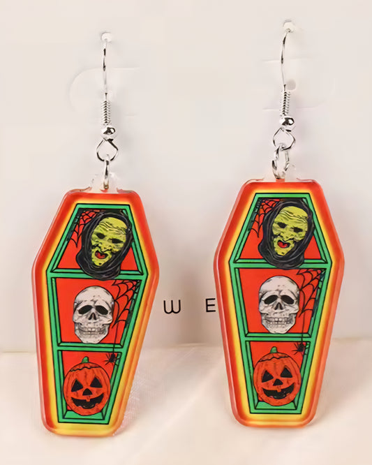 PREORDER Halloween Witch Skeleton Jack O Lantern Coffin Acrylic Dangle Earrings