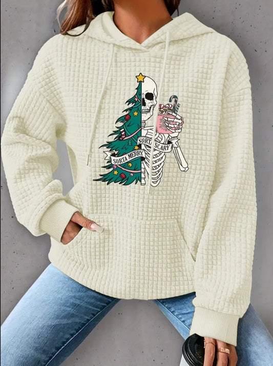 PREORDER Halloween Sorta Merry Sorta Scary Knit Waffle Pullover Hooded Sweater