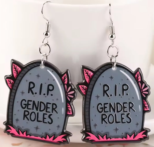 PREORDER Halloween RIP Gender Roles Acrylic Dangle Earrings
