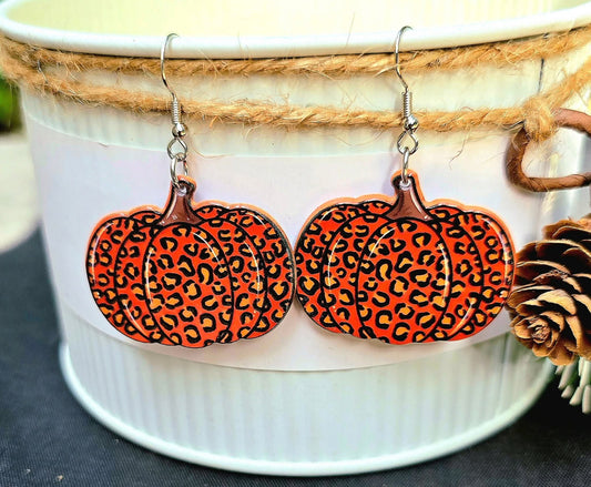 HALLOWEEN Orange Leopard Pumpkin Acrylic Dangle Earrings