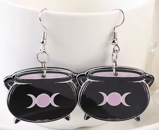 PREORDER Halloween Black Witch Caudron Acrylic Dangle Earrings