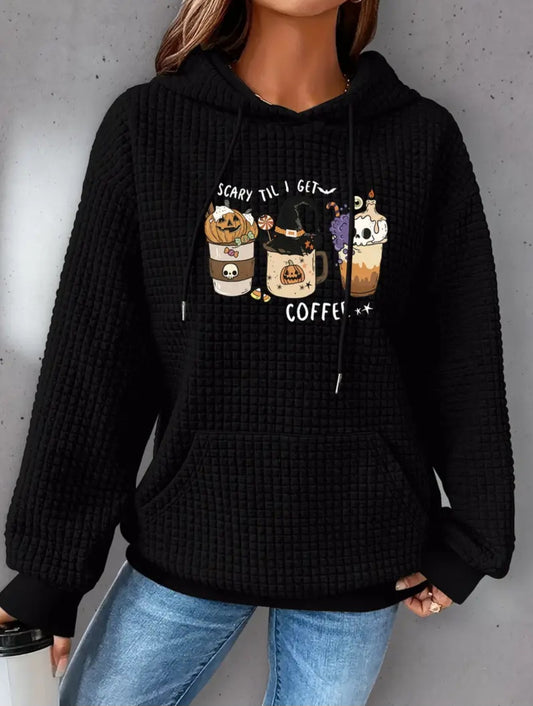 PREORDER Halloween Scary Till I Get My Coffee Knit Waffle Pullover Hooded Sweater