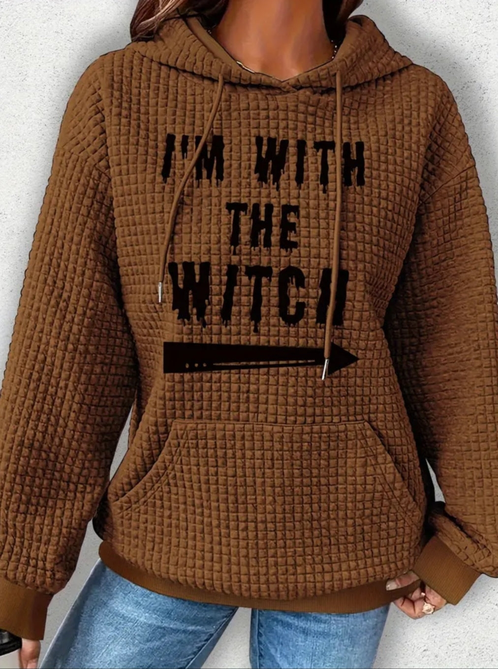 PREORDER Halloween I'm With The Witch Knit Waffle Pullover Hooded Sweater