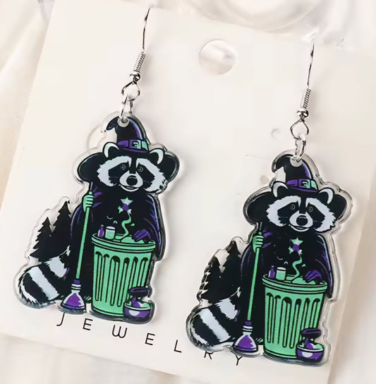 PREORDER Halloween Trash Can Witch Raccoon Dangle Earrings