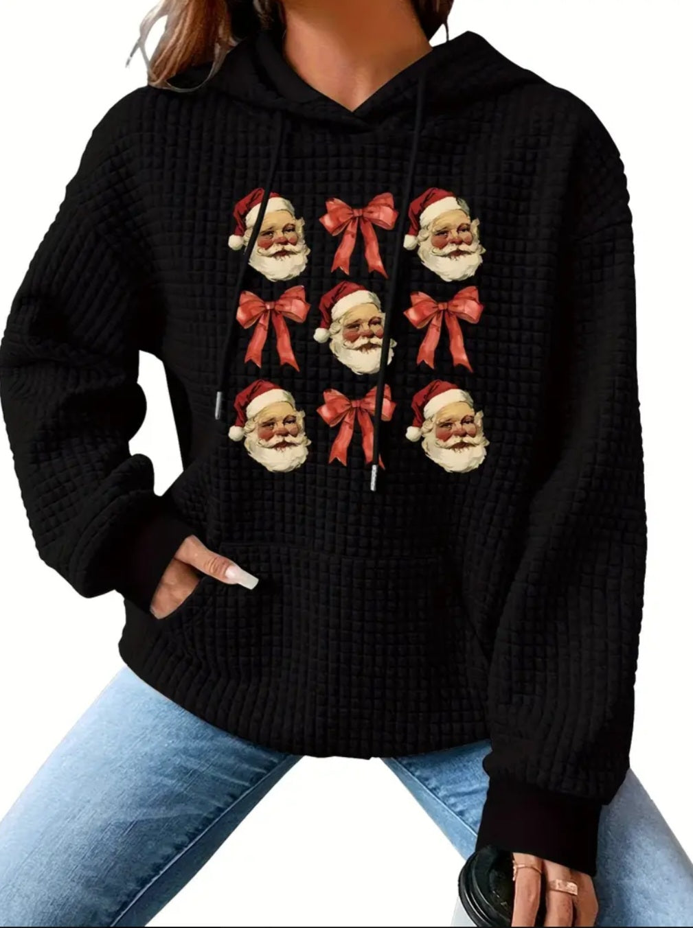 PREORDER Christmas Santa & Bows Knit Waffle Pullover Hooded Sweater