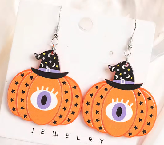 PREORDER Halloween One Eye Jack O Lantern Acrylic Dangle Earrings