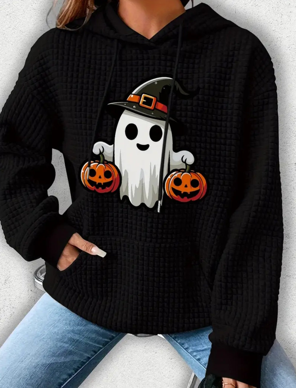 PREORDER Halloween Boujee Ghost Trick Or Treat Jack O Lantern Knit Waffle Pullover Hooded Sweater