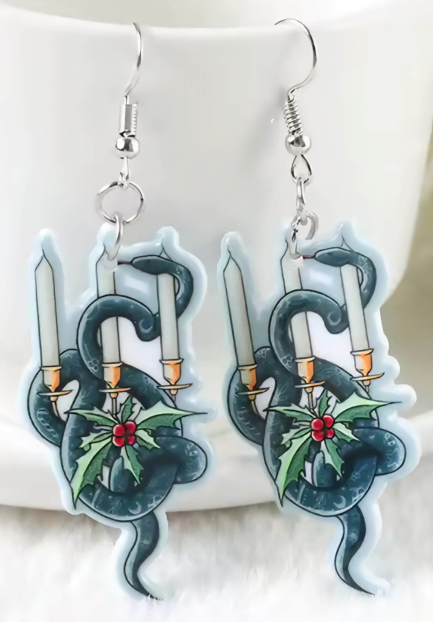 PREORDER Halloween/Christmas Serpant Holly Candles Acrylic Dangle Earrings