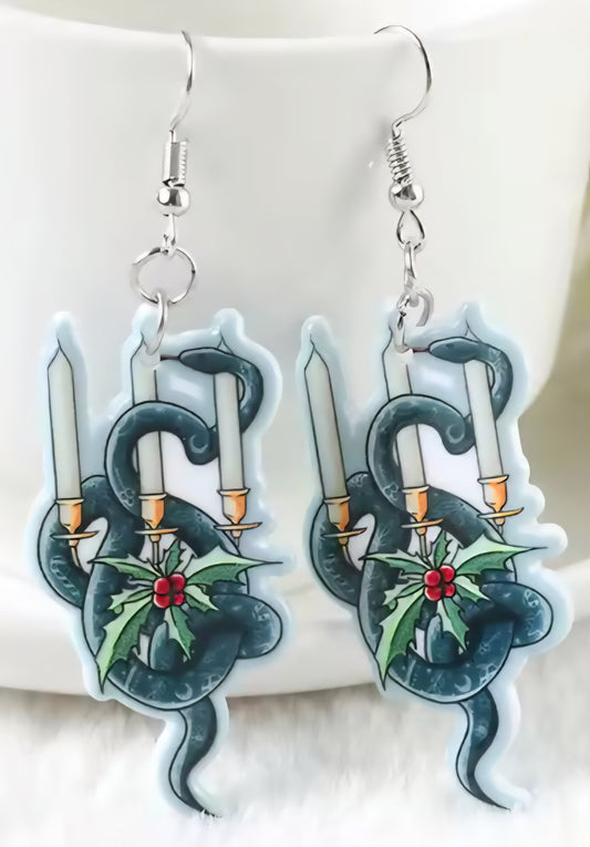 PREORDER Halloween/Christmas Serpant Holly Candles Acrylic Dangle Earrings