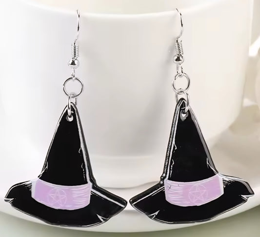 PREORDER Halloween Black Witch Hat Acrylic Dangle Earrings
