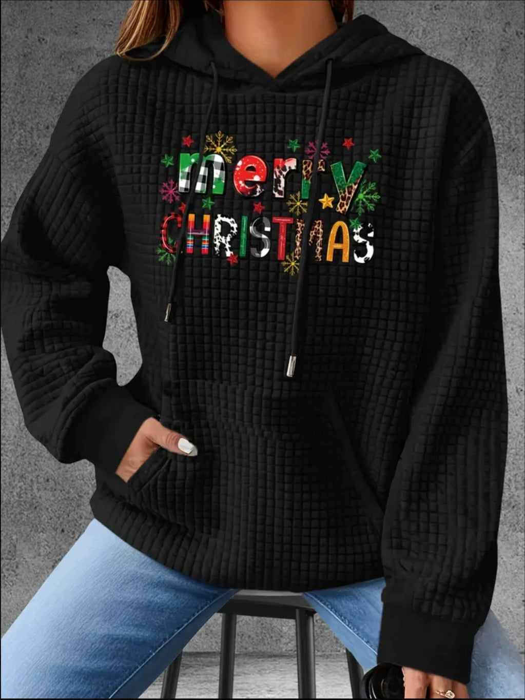 PREORDER Merry Christmas Knit Waffle Pullover Hooded Sweater
