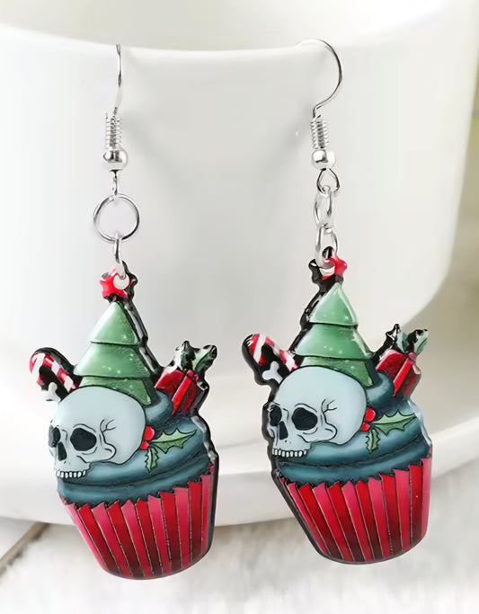 PREORDER Halloween/Christmas Skull Cupcake Acrylic Dangle Earrings