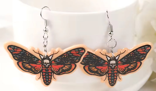 PREORDER Halloween Tan Skeleton Moth Acrylic Dangle Earrings